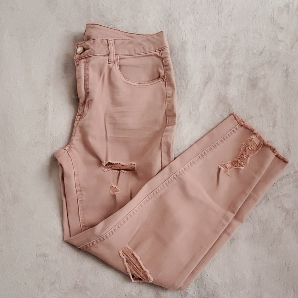 Blush Distressed Mid rise Skinny Jeans